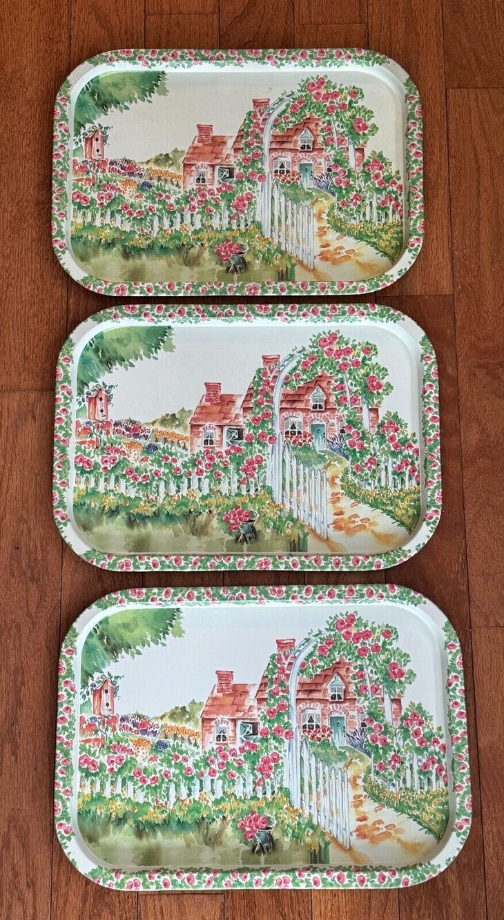Vintage Country Cottage Core Shabby Chic Metal Serving Trays Lot Of 3